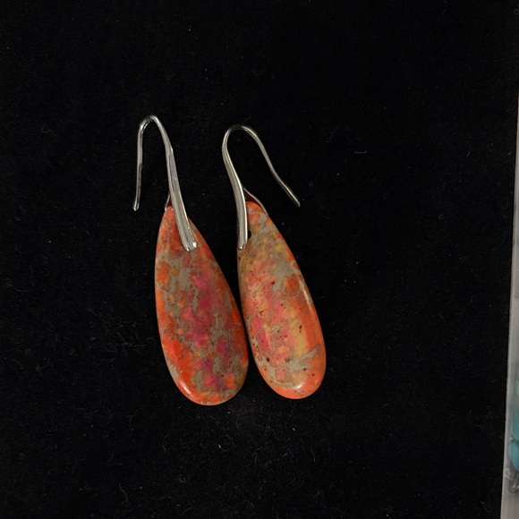 Jewelry - Vibrant Natural Stone Jasper Orange and Silver Teardrop Earrings